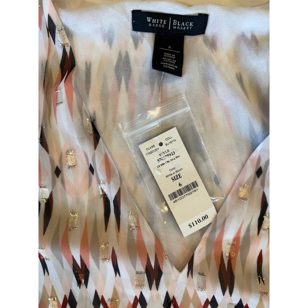 White House Black Market Sheer Metallic Geometric Blouse Size 6 Pink Gold L Boho - Picture 3 of 7